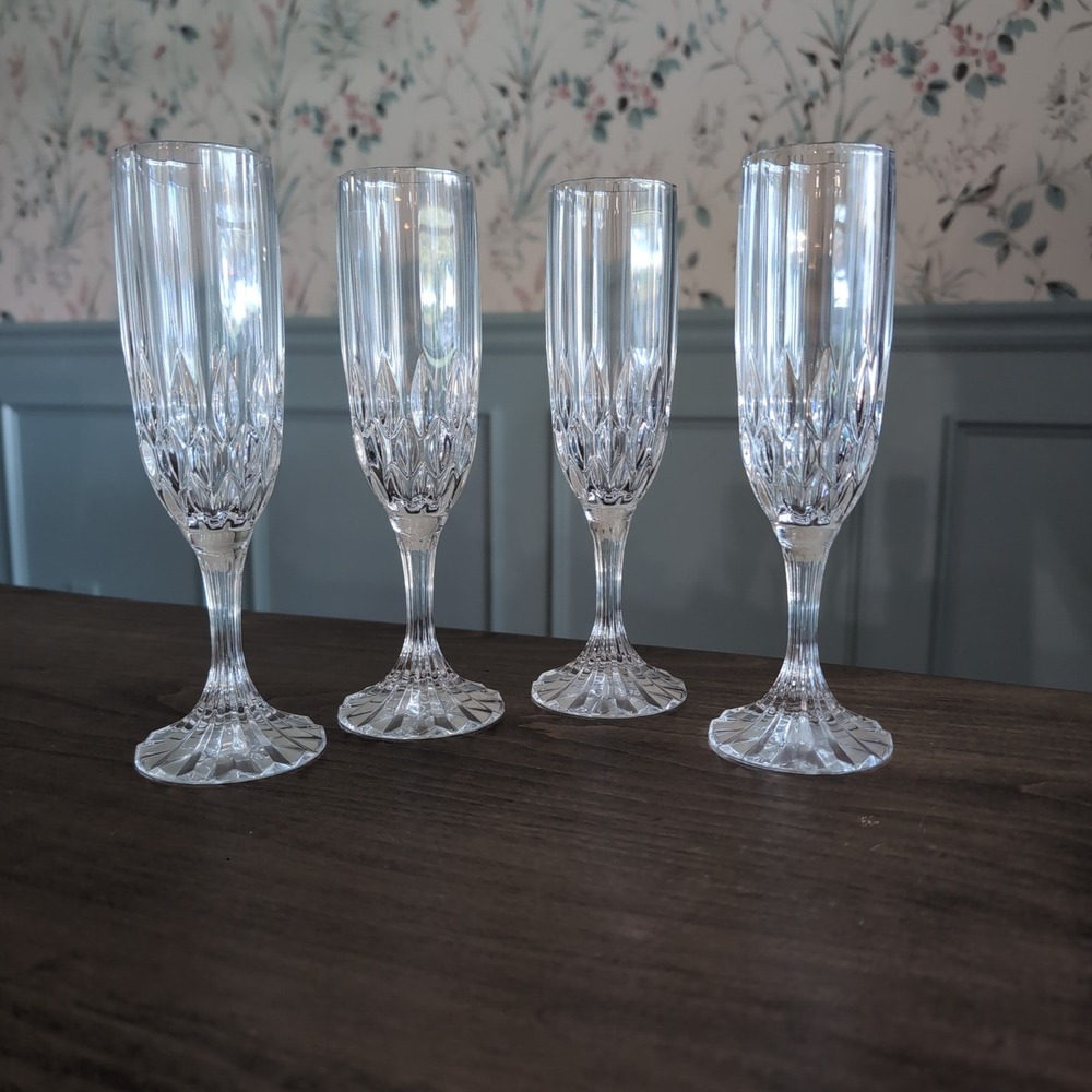 Vintage 4 Cristal d'Arques Durand Bretagne Crystal Champagne Flutes Diamond Cut